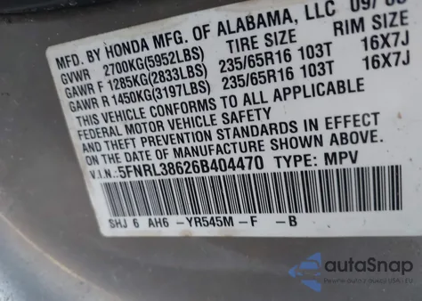 2006 Honda Odyssey Ex-L z USA, uszkodzony, nr VIN 5FNRL38626B404470